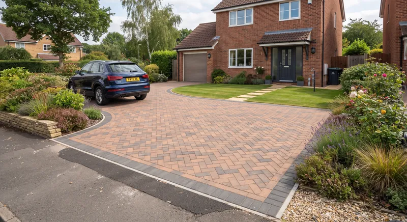 Herringbone block paved driveway in warm red tones with a charcoal border, in front of a brick house