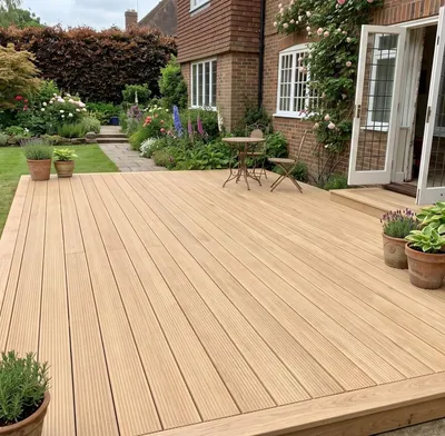 Pale hardwood deck in a back garden beside a brick house, with potted plants and a small table and chairs